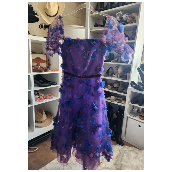 Marchesa Notte Off-the-Shoulder Blouson-Sleeve Tulle Dress w/ 3D Flowers… - Picture 4 of 13
